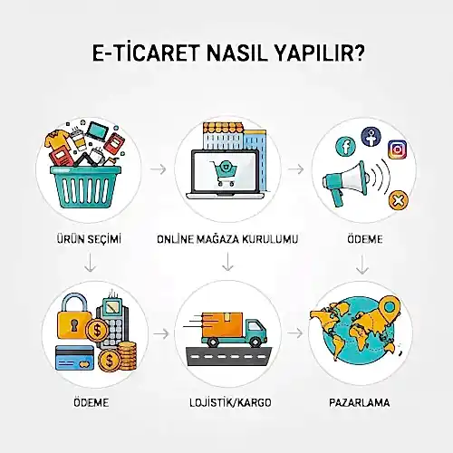 2026 yılında sıfırdan e-ticaret kurulumunu anlatan dijital alışveriş ve ödeme görseli